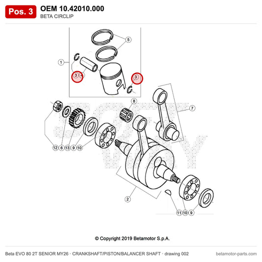BETA CIRCLIP – OEM 10.42010.000, position 3 on the Beta EVO 80 2T SENIOR MY26 crankshaft/piston/balancer shaft drawing