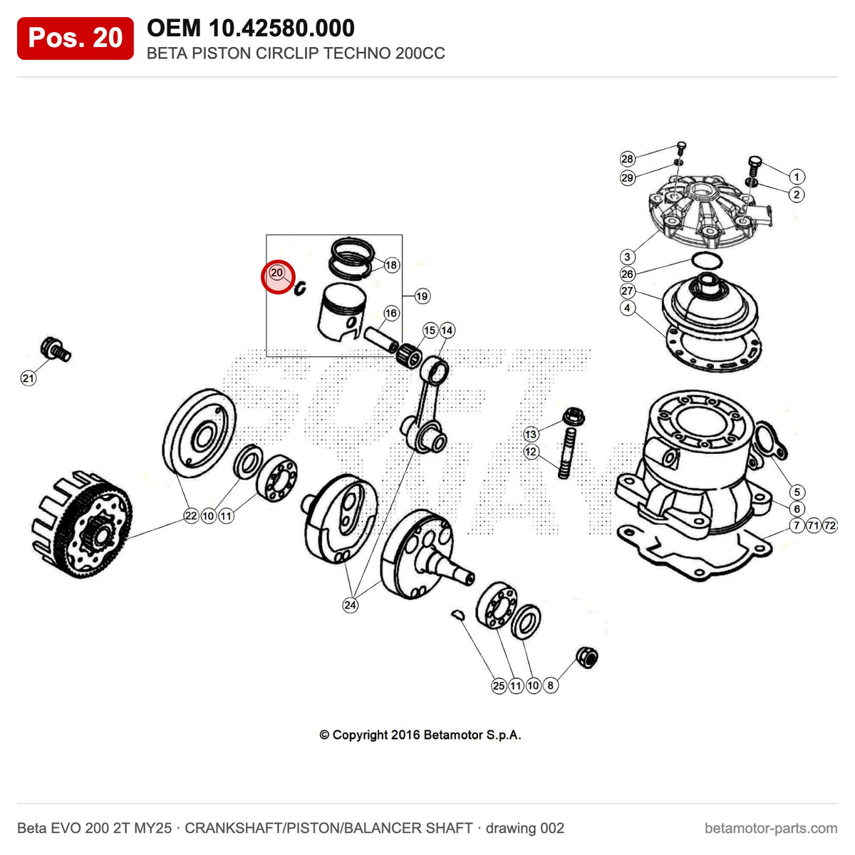 BETA PISTON CIRCLIP TECHNO 200CC – OEM 10.42580.000, position 20 on the Beta EVO 200 2T MY25 crankshaft/piston/balancer shaft drawing