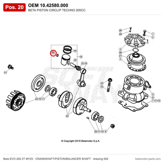 BETA PISTON CIRCLIP TECHNO 200CC – OEM 10.42580.000, position 20 on the Beta EVO 200 2T MY25 crankshaft/piston/balancer shaft drawing