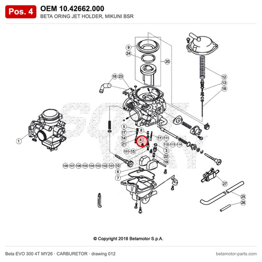 BETA ORING JET HOLDER, MIKUNI BSR – OEM 10.42662.000, position 4 on the Beta EVO 300 4T MY26 carburetor drawing