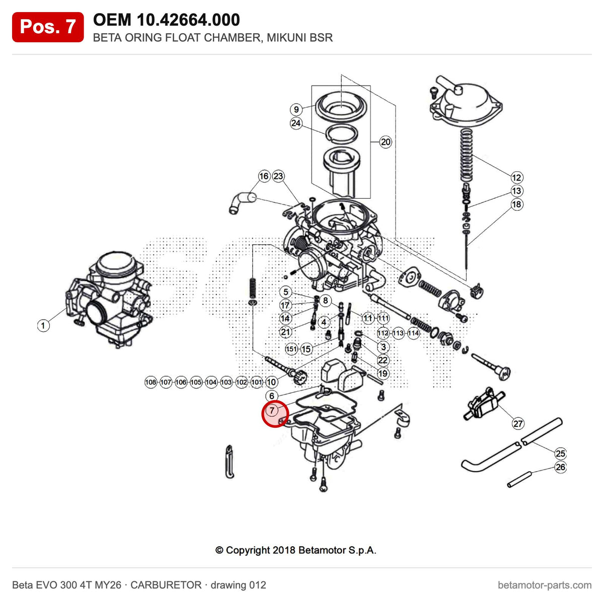BETA ORING FLOAT CHAMBER, MIKUNI BSR – OEM 10.42664.000, position 7 on the Beta EVO 300 4T MY26 carburetor drawing
