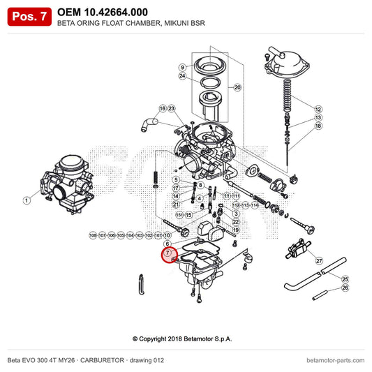 BETA ORING FLOAT CHAMBER, MIKUNI BSR – OEM 10.42664.000, position 7 on the Beta EVO 300 4T MY26 carburetor drawing