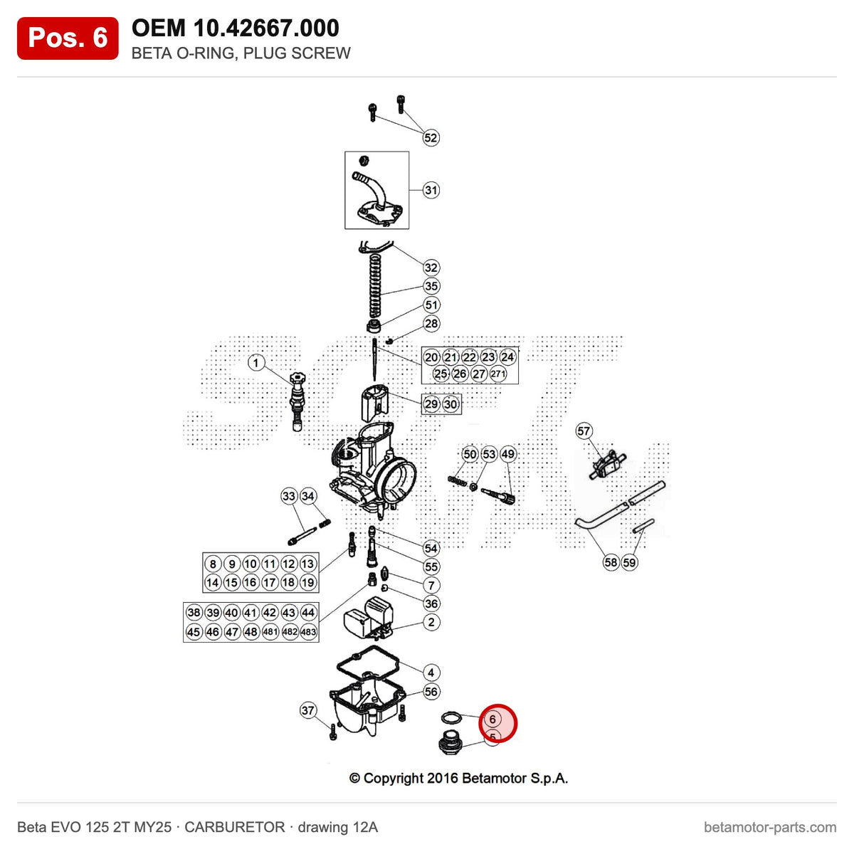 BETA O-RING, PLUG SCREW – OEM 10.42667.000, position 6 on the Beta EVO 125 2T MY25 carburetor drawing