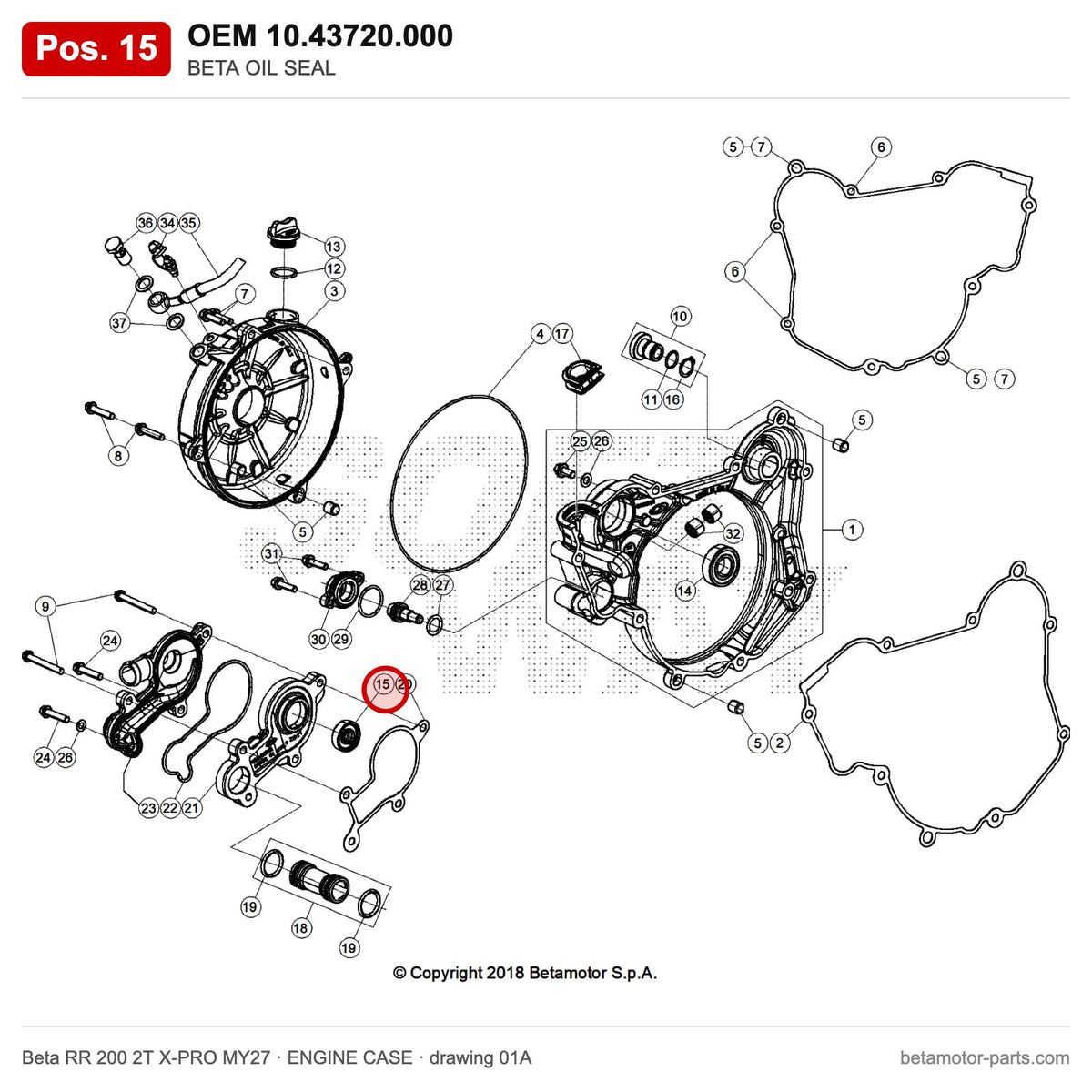 BETA OIL SEAL – OEM 10.43720.000, position 15 on the Beta RR 200 2T X-PRO MY27 engine case drawing