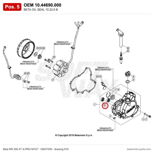 BETA OIL SEAL 10.22.6 B – OEM 10.44690.000, position 5 on the Beta RR 350 4T X-PRO MY27 ignition drawing