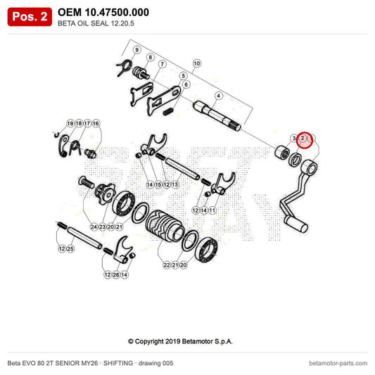BETA OIL SEAL 12.20.5 – OEM 10.47500.000, position 2 on the Beta EVO 80 2T SENIOR MY26 shifting drawing