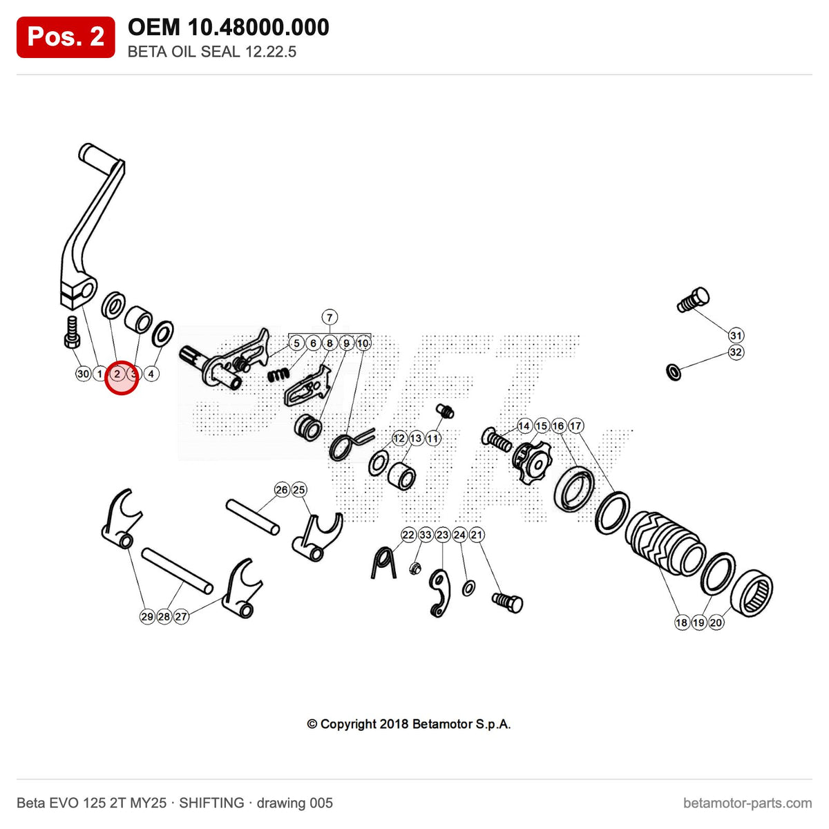 BETA OIL SEAL 12.22.5 – OEM 10.48000.000, position 2 on the Beta EVO 125 2T MY25 shifting drawing