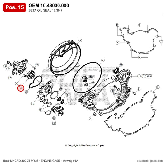 BETA OIL SEAL 12.30.7 – OEM 10.48030.000, position 15 on the Beta SINCRO 300 2T MY26 engine case drawing