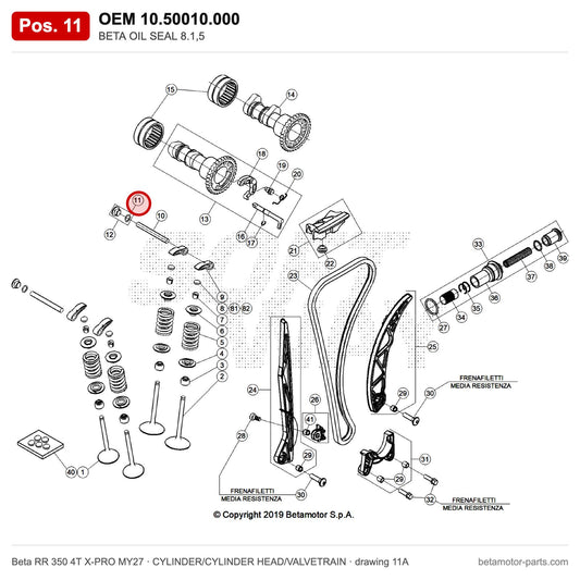 BETA OIL SEAL 8.1,5 – OEM 10.50010.000, position 11 on the Beta RR 350 4T X-PRO MY27 cylinder/cylinder head/valvetrain drawing