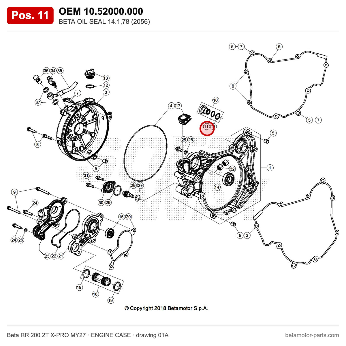 BETA OIL SEAL 14.1,78 (2056) – OEM 10.52000.000, position 11 on the Beta RR 200 2T X-PRO MY27 engine case drawing