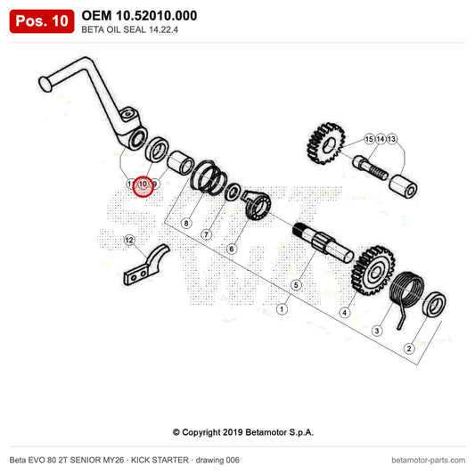 BETA OIL SEAL 14.22.4 – OEM 10.52010.000, position 10 on the Beta EVO 80 2T SENIOR MY26 kick starter drawing