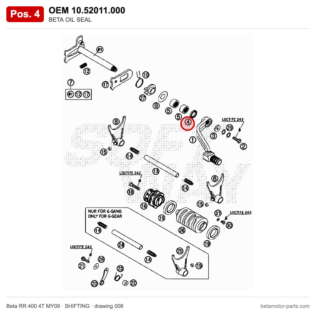 BETA OIL SEAL – OEM 10.52011.000, position 4 on the Beta RR 400 4T MY09 shifting drawing