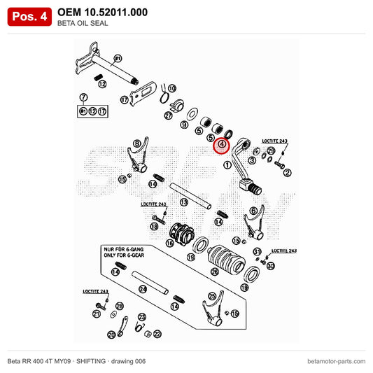 BETA OIL SEAL – OEM 10.52011.000, position 4 on the Beta RR 400 4T MY09 shifting drawing
