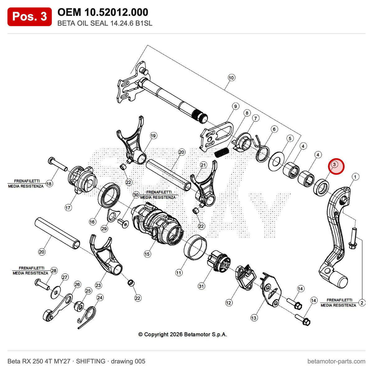 BETA OIL SEAL 14.24.6 B1SL – OEM 10.52012.000, position 3 on the Beta RX 250 4T MY27 shifting drawing