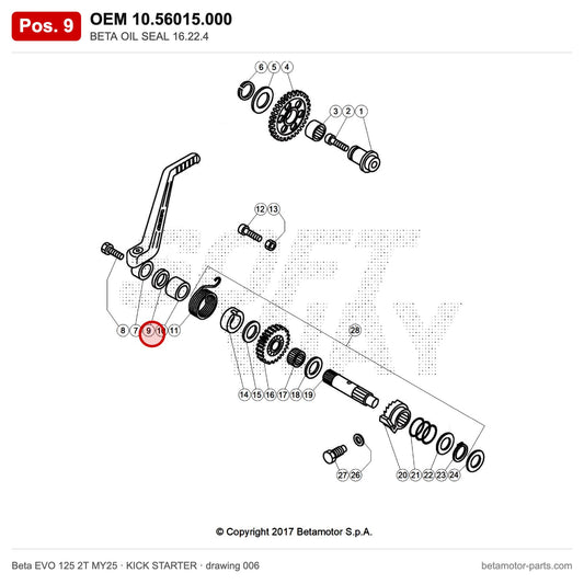 BETA OIL SEAL 16.22.4 – OEM 10.56015.000, position 9 on the Beta EVO 125 2T MY25 kick starter drawing