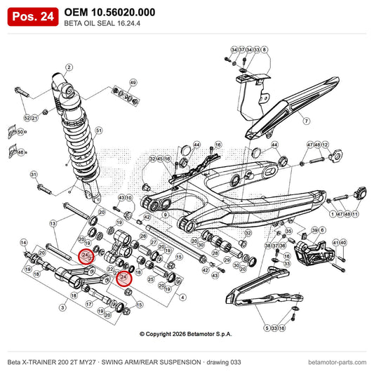 BETA OIL SEAL 16.24.4 – OEM 10.56020.000, position 24 on the Beta X-TRAINER 200 2T MY27 swing arm/rear suspension drawing