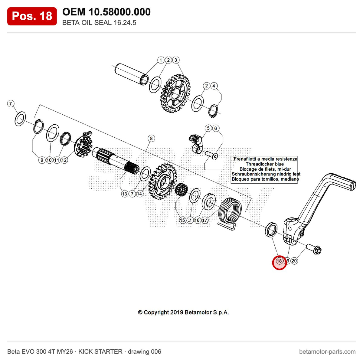 BETA OIL SEAL 16.24.5 – OEM 10.58000.000, position 18 on the Beta EVO 300 4T MY26 kick starter drawing