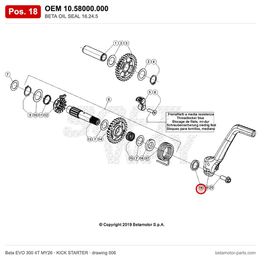 BETA OIL SEAL 16.24.5 – OEM 10.58000.000, position 18 on the Beta EVO 300 4T MY26 kick starter drawing