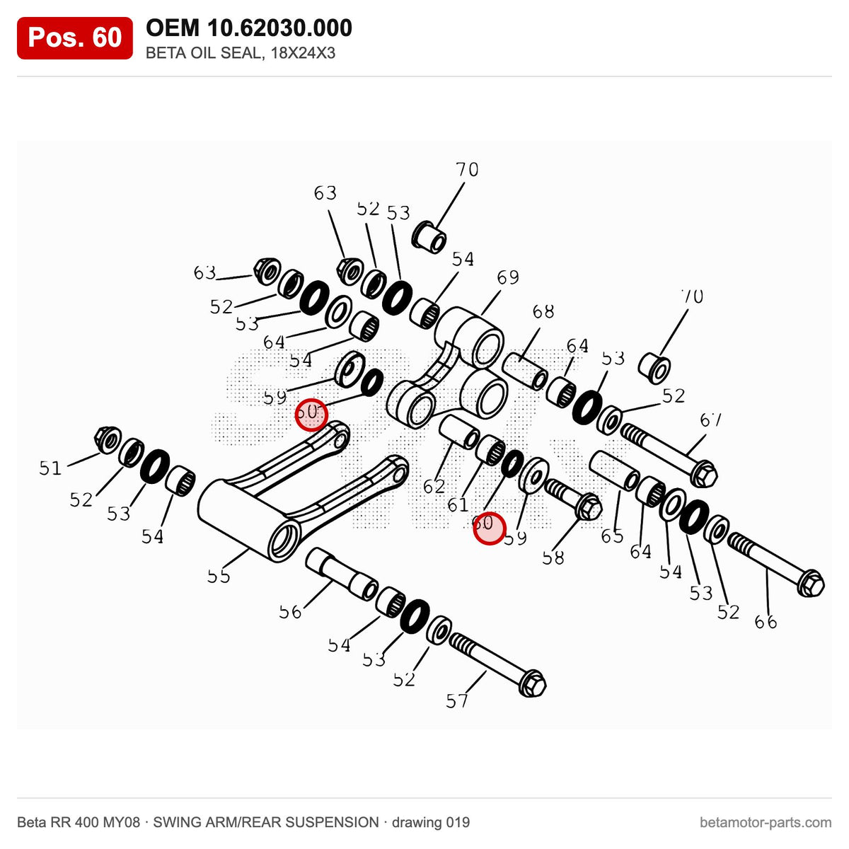 BETA OIL SEAL, 18X24X3 – OEM 10.62030.000, position 60 on the Beta RR 400 MY08 swing arm/rear suspension drawing
