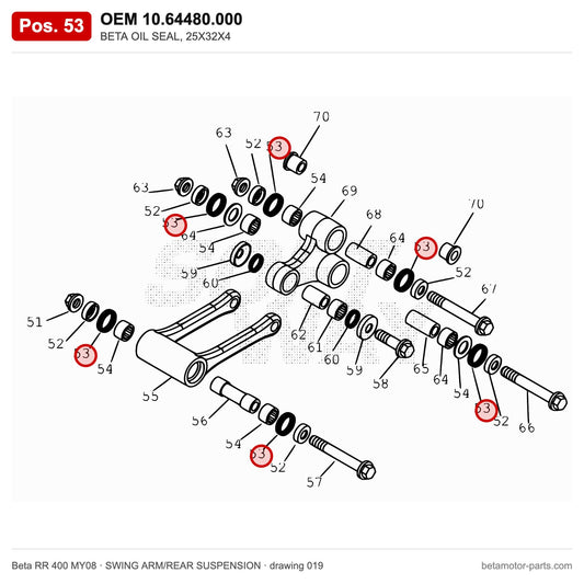 BETA OIL SEAL, 25X32X4 – OEM 10.64480.000, position 53 on the Beta RR 400 MY08 swing arm/rear suspension drawing