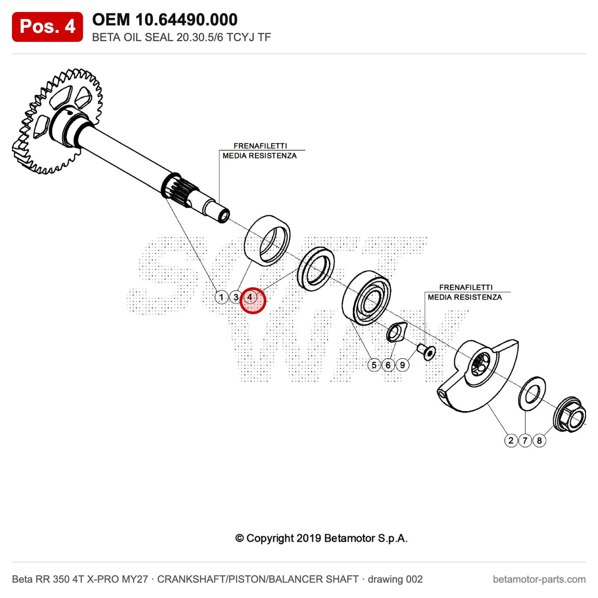 BETA OIL SEAL 20.30.5/6 TCYJ TF – OEM 10.64490.000, position 4 on the Beta RR 350 4T X-PRO MY27 crankshaft/piston/balancer shaft drawing