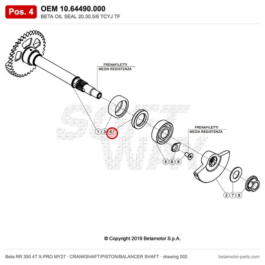 BETA OIL SEAL 20.30.5/6 TCYJ TF – OEM 10.64490.000, position 4 on the Beta RR 350 4T X-PRO MY27 crankshaft/piston/balancer shaft drawing