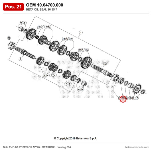 BETA OIL SEAL 26.35.7 – OEM 10.64700.000, position 21 on the Beta EVO 80 2T SENIOR MY26 gearbox drawing
