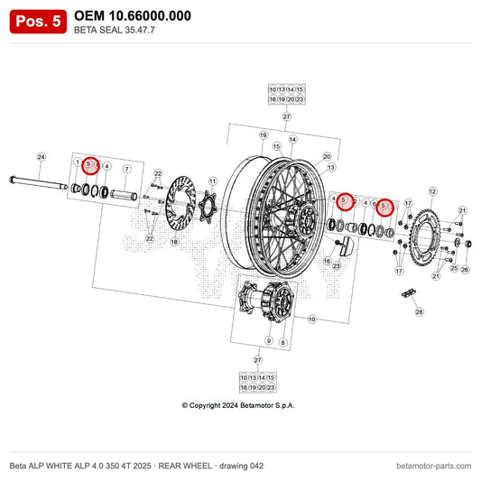 BETA SEAL 35.47.7 – OEM 10.66000.000, position 5 on the Beta ALP WHITE ALP 4.0 350 4T 2025 rear wheel drawing