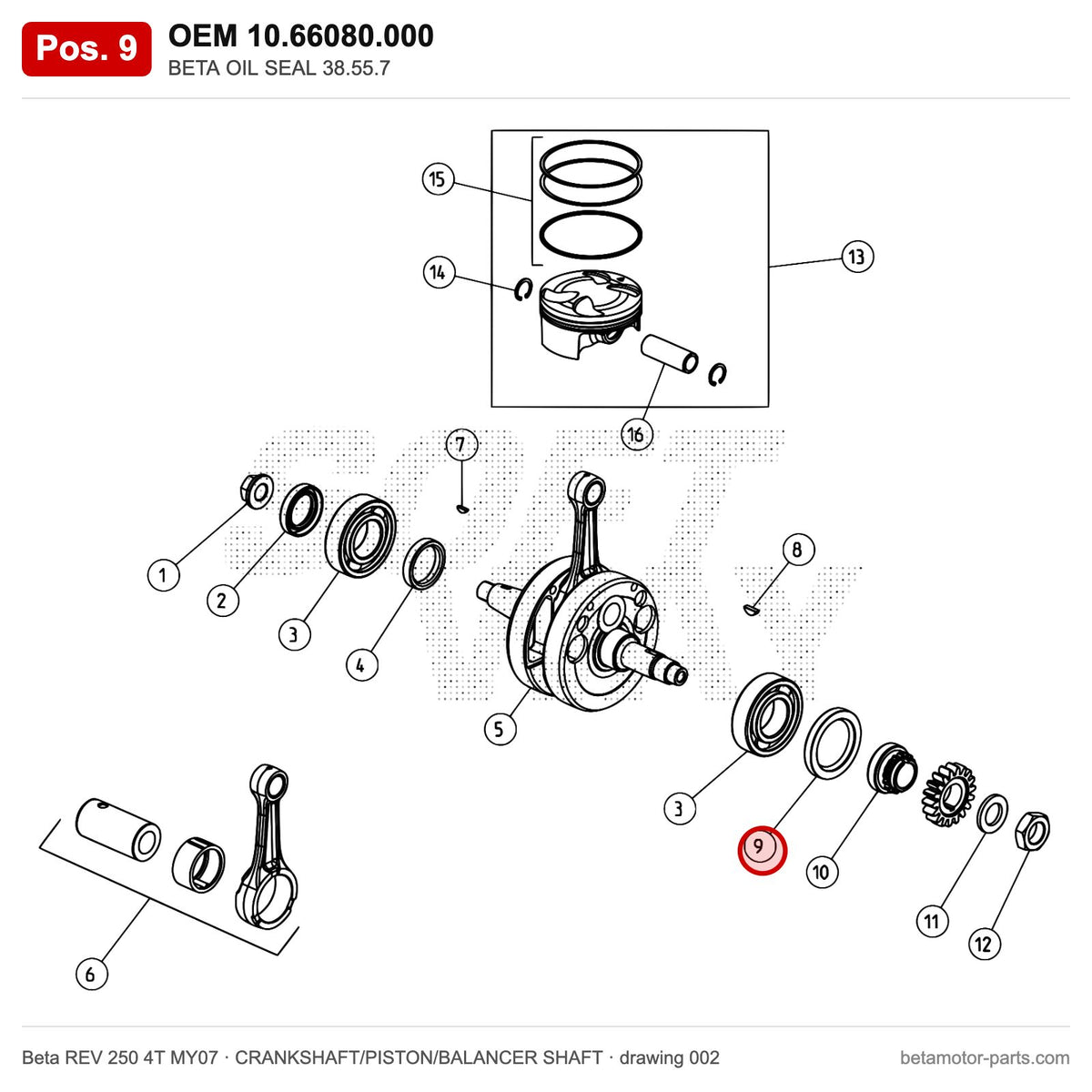 BETA OIL SEAL 38.55.7 – OEM 10.66080.000, position 9 on the Beta REV 250 4T MY07 crankshaft/piston/balancer shaft drawing