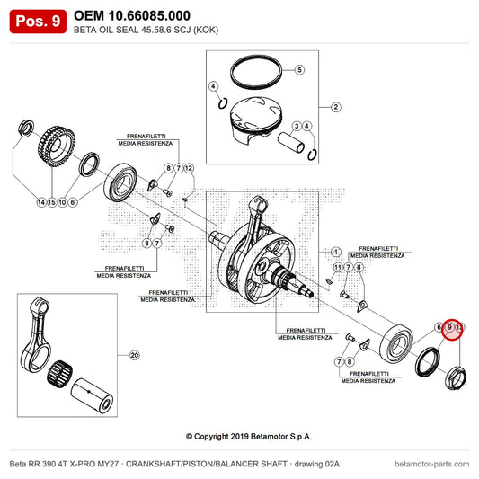 BETA OIL SEAL 45.58.6 SCJ (KOK) – OEM 10.66085.000, position 9 on the Beta RR 390 4T X-PRO MY27 crankshaft/piston/balancer shaft drawing