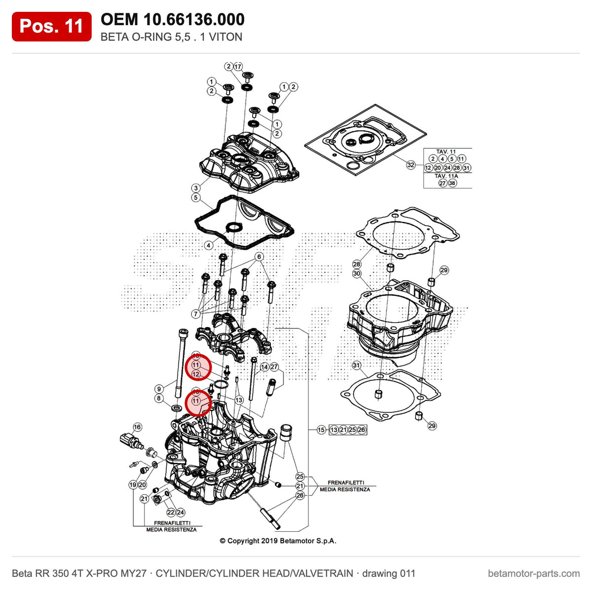 BETA O-RING 5,5 . 1 VITON – OEM 10.66136.000, position 11 on the Beta RR 350 4T X-PRO MY27 cylinder/cylinder head/valvetrain drawing