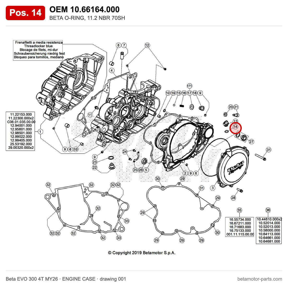 BETA O-RING, 11.2 NBR 70SH – OEM 10.66164.000, position 14 on the Beta EVO 300 4T MY26 engine case drawing