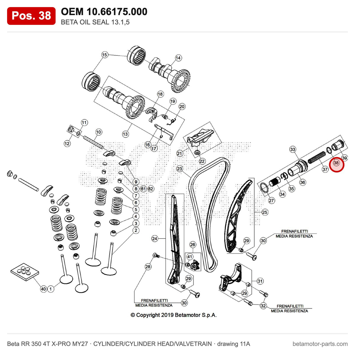 BETA OIL SEAL 13.1,5 – OEM 10.66175.000, position 38 on the Beta RR 350 4T X-PRO MY27 cylinder/cylinder head/valvetrain drawing
