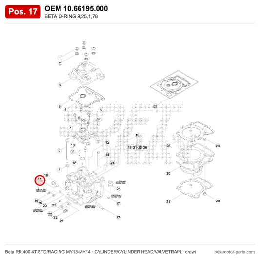 BETA O-RING 9,25.1,78 – OEM 10.66195.000, position 17 on the Beta RR 400 4T STD/RACING MY13-MY14 cylinder/cylinder head/valvetrain drawing