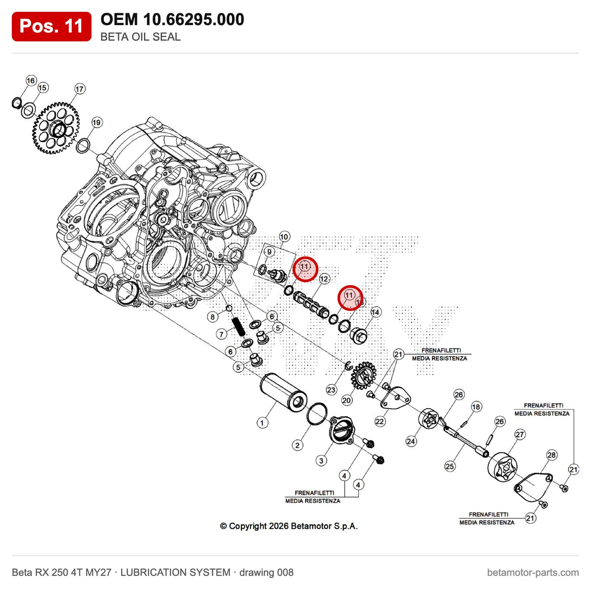 BETA OIL SEAL – OEM 10.66295.000, position 11 on the Beta RX 250 4T MY27 lubrication system drawing
