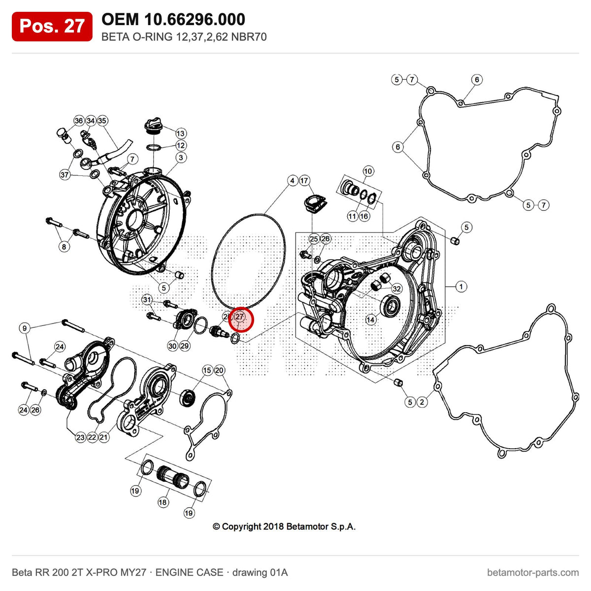 BETA O-RING 12,37,2,62 NBR70 – OEM 10.66296.000, position 27 on the Beta RR 200 2T X-PRO MY27 engine case drawing