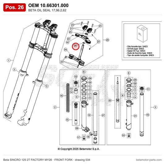BETA OIL SEAL 17,96.2,62 – OEM 10.66301.000, position 26 on the Beta SINCRO 125 2T FACTORY MY26 front fork drawing