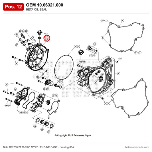 BETA OIL SEAL – OEM 10.66321.000, position 12 on the Beta RR 200 2T X-PRO MY27 engine case drawing