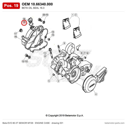 BETA OIL SEAL 16.3 – OEM 10.66340.000, position 19 on the Beta EVO 80 2T SENIOR MY26 engine case drawing