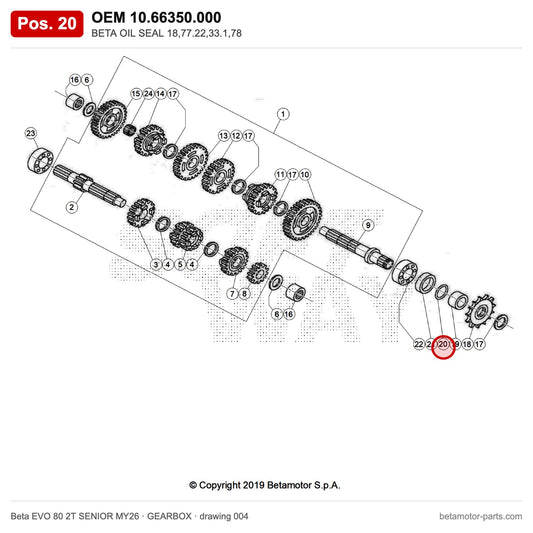 BETA OIL SEAL 18,77.22,33.1,78 – OEM 10.66350.000, position 20 on the Beta EVO 80 2T SENIOR MY26 gearbox drawing