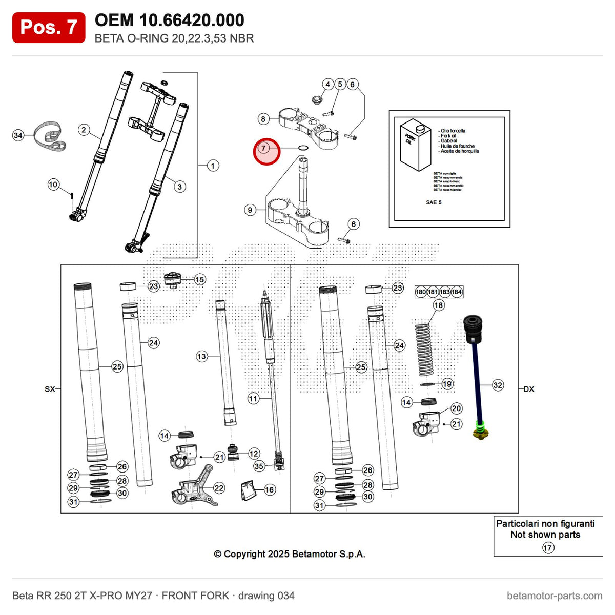 BETA O-RING 20,22.3,53 NBR – OEM 10.66420.000, position 7 on the Beta RR 250 2T X-PRO MY27 front fork drawing