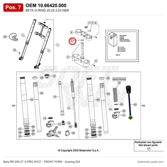 BETA O-RING 20,22.3,53 NBR – OEM 10.66420.000, position 7 on the Beta RR 250 2T X-PRO MY27 front fork drawing