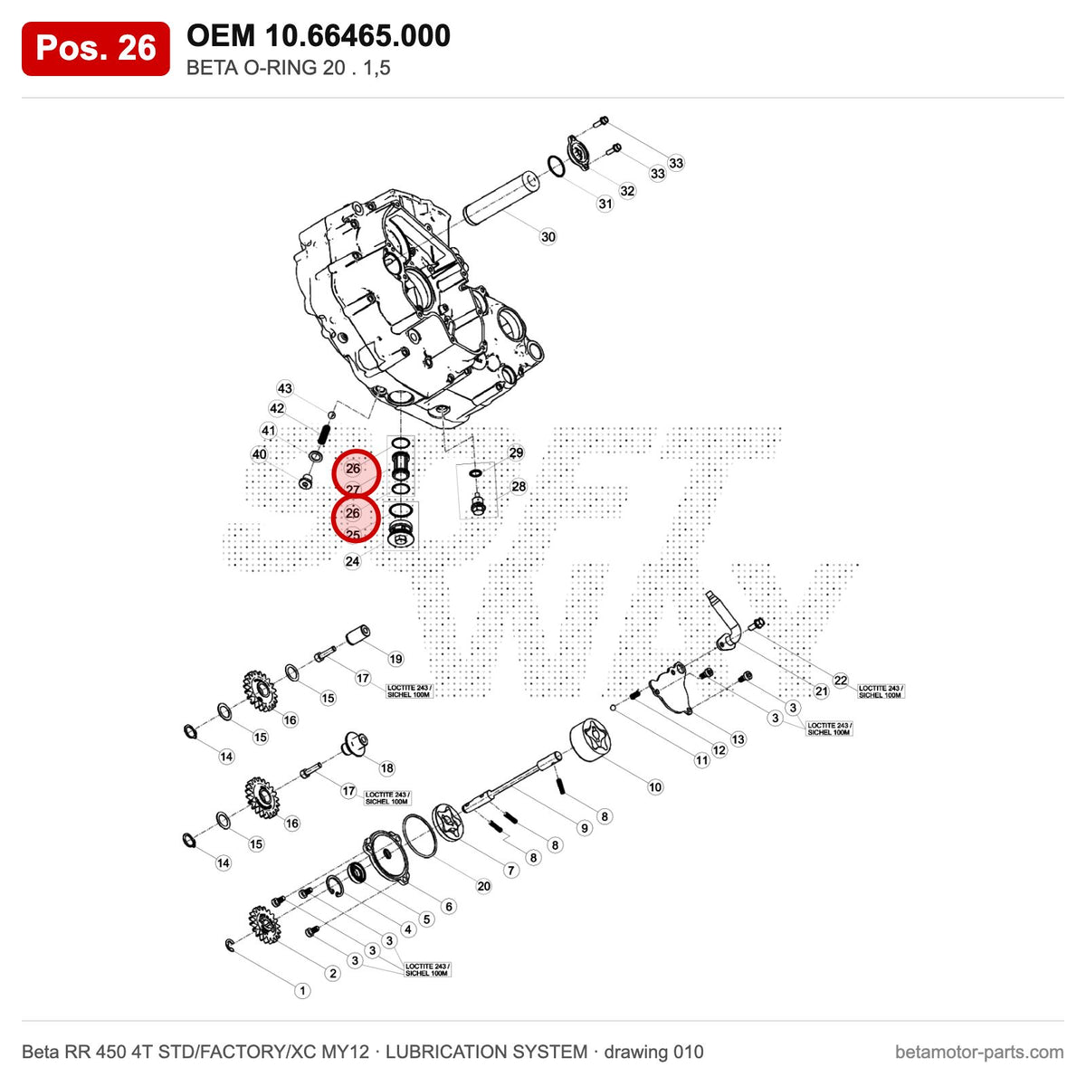 BETA O-RING 20 . 1,5 – OEM 10.66465.000, position 26 on the Beta RR 450 4T STD/FACTORY/XC MY12 lubrication system drawing