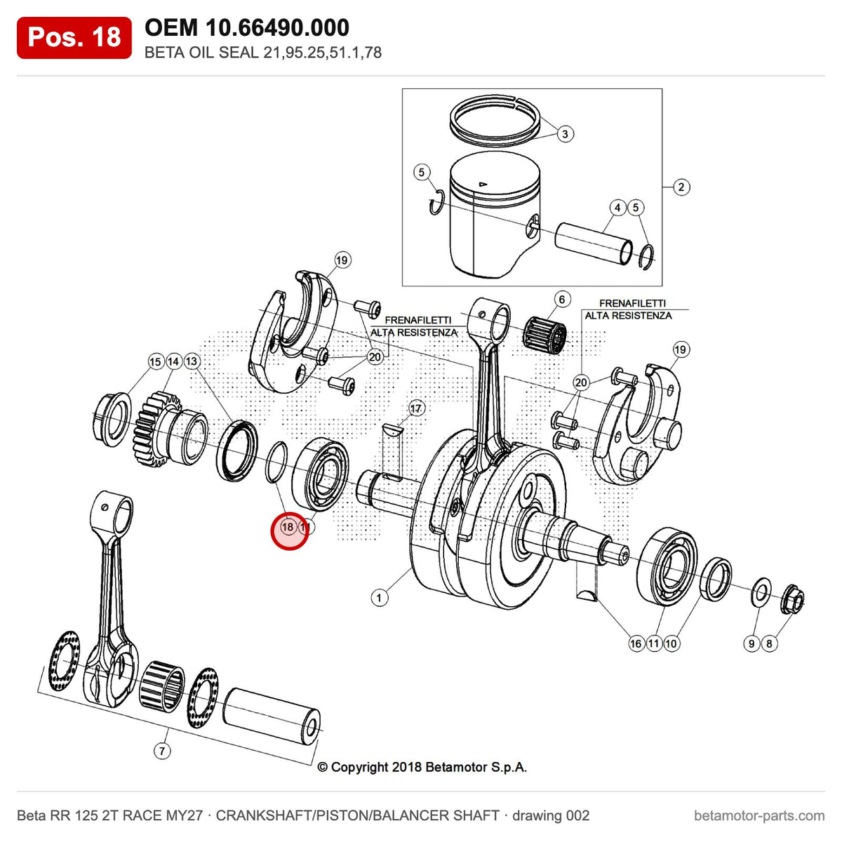 BETA OIL SEAL 21,95.25,51.1,78 – OEM 10.66490.000, position 18 on the Beta RR 125 2T RACE MY27 crankshaft/piston/balancer shaft drawing