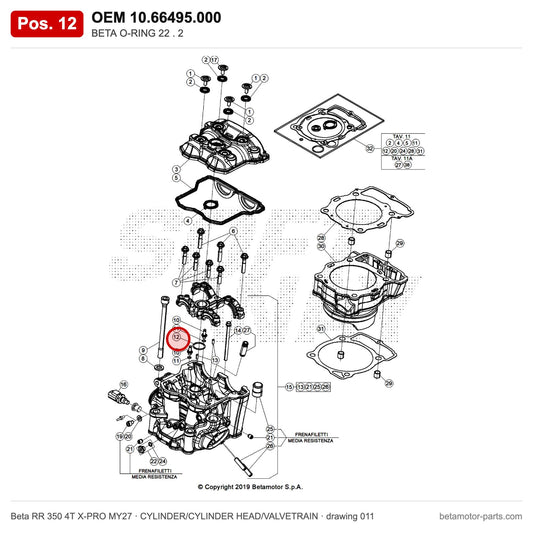 BETA O-RING 22 . 2 – OEM 10.66495.000, position 12 on the Beta RR 350 4T X-PRO MY27 cylinder/cylinder head/valvetrain drawing