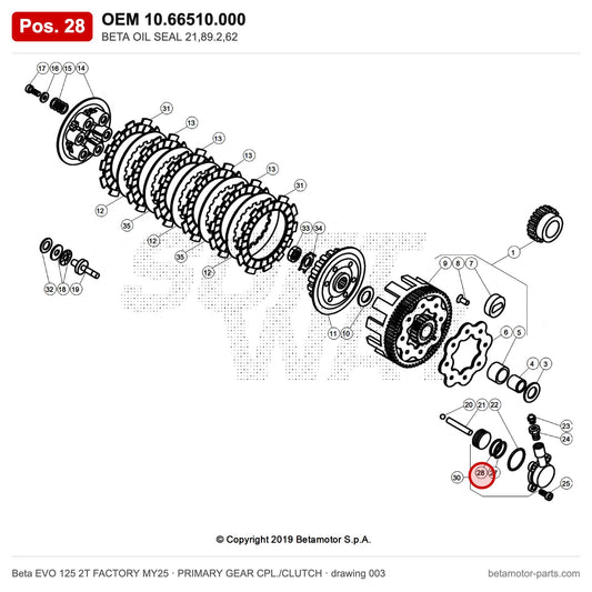 BETA OIL SEAL 21,89.2,62 – OEM 10.66510.000, position 28 on the Beta EVO 125 2T FACTORY MY25 primary gear cpl./clutch drawing