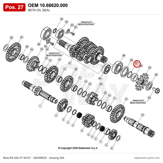 BETA OIL SEAL – OEM 10.66620.000, position 27 on the Beta RX 250 4T MY27 gearbox drawing