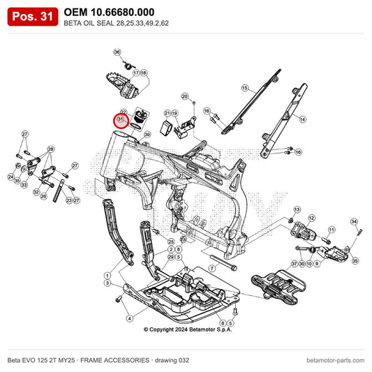 BETA OIL SEAL 28,25.33,49.2,62 – OEM 10.66680.000, position 31 on the Beta EVO 125 2T MY25 frame accessories drawing