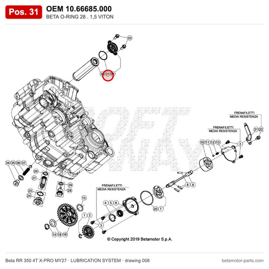 BETA O-RING 28 . 1,5 VITON – OEM 10.66685.000, position 31 on the Beta RR 350 4T X-PRO MY27 lubrication system drawing