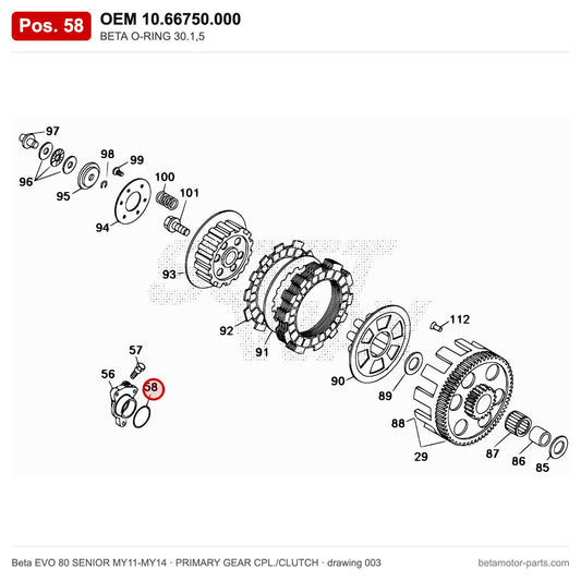 BETA O-RING 30.1,5 – OEM 10.66750.000, position 58 on the Beta EVO 80 SENIOR MY11-MY14 primary gear cpl./clutch drawing